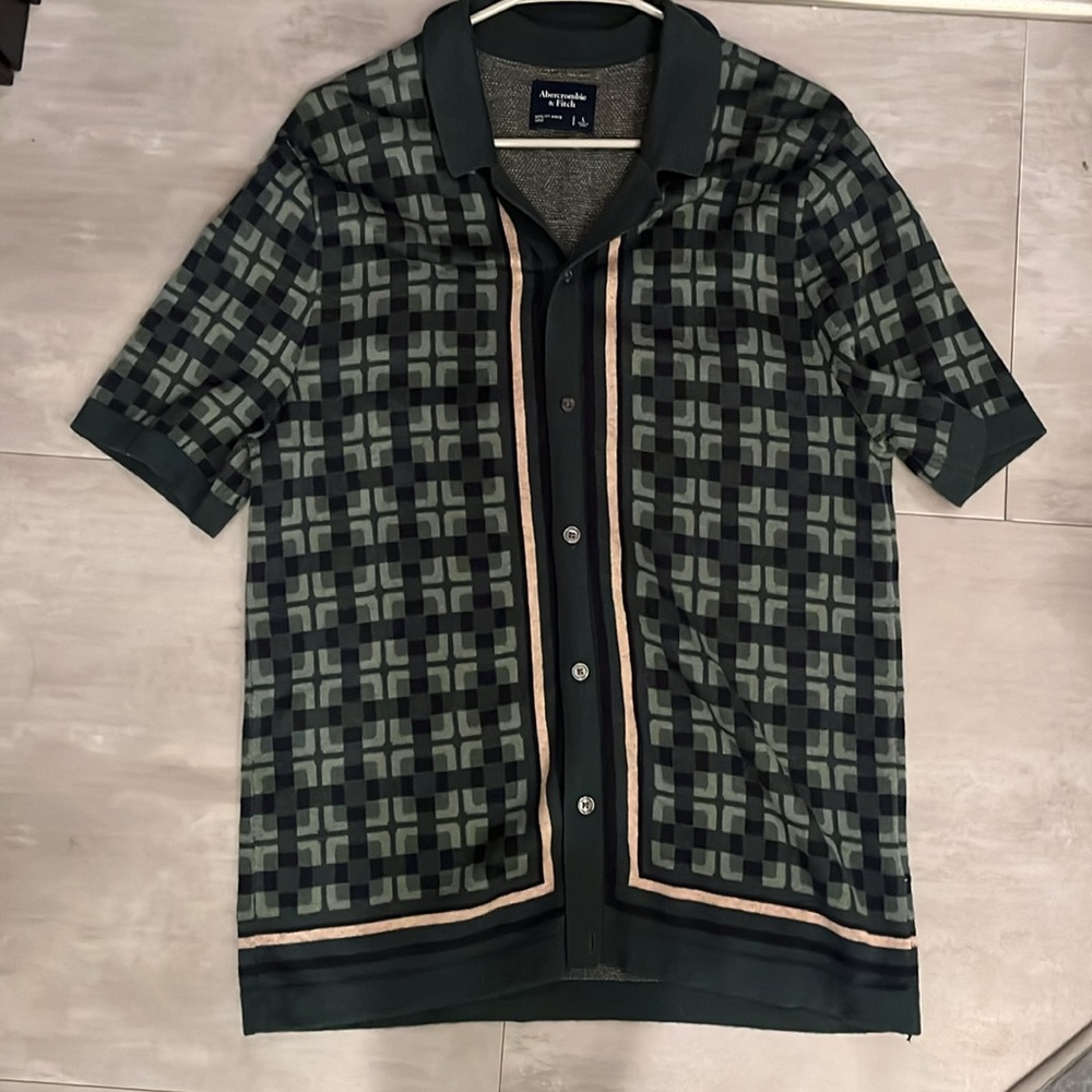 Abercrombie and Fitch Green Pattern Stitch Button-Through Sweater Polo